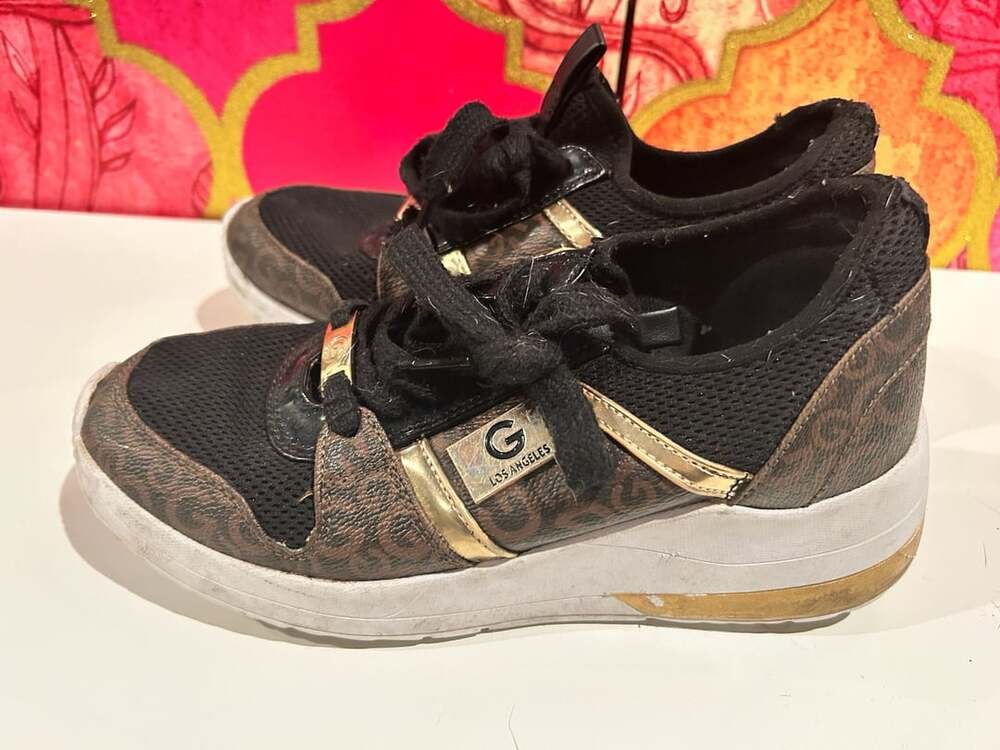 GBG Los Angeles Black and Brown Logo Monogram Sneakers with Gold Details
